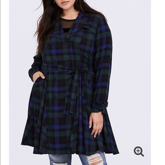 Torrid blue green plaid fit & flare trench coat 2X - Picture 2 of 6